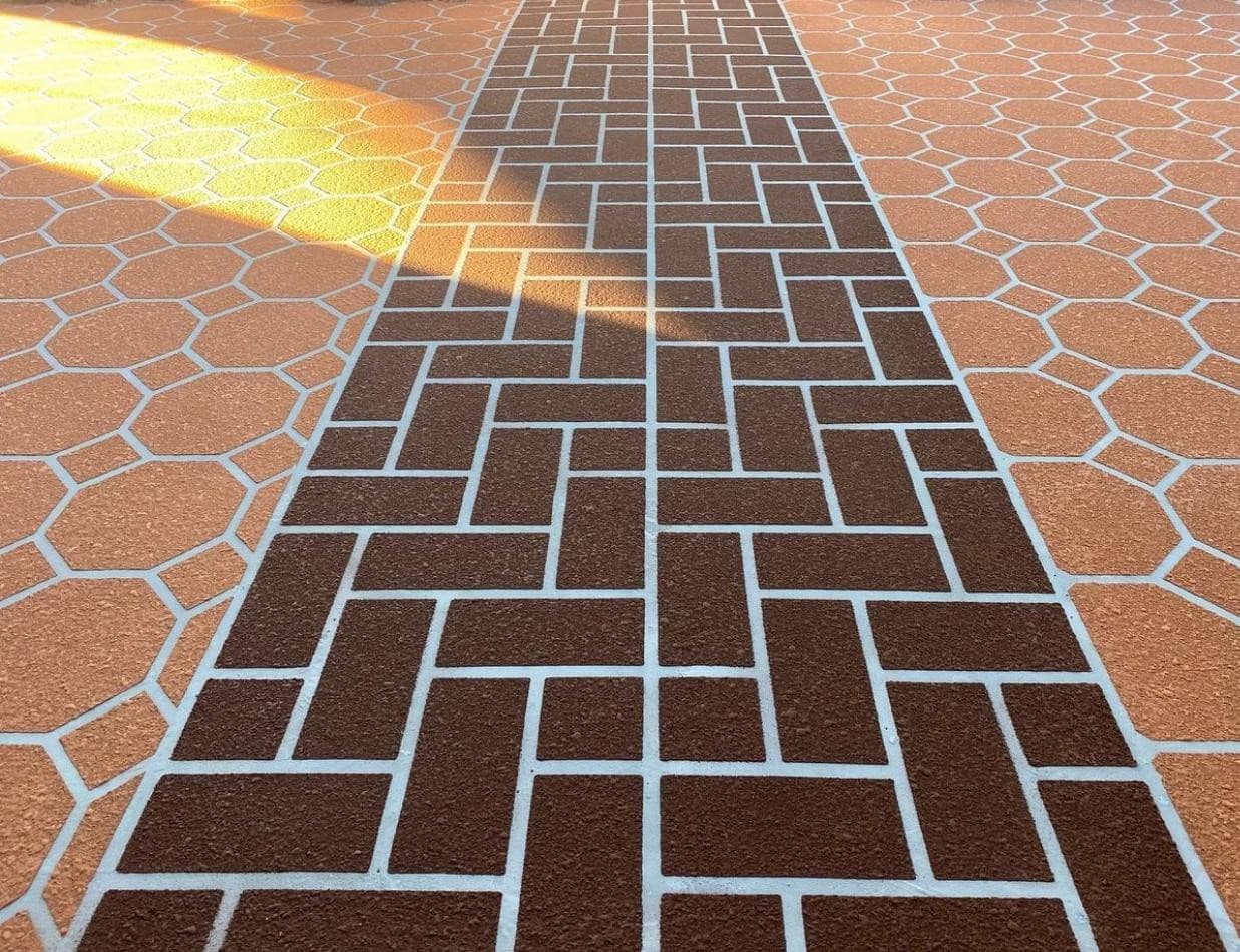 Herringbone stencil pattern, a finish that gives a paved look with texture underfoot